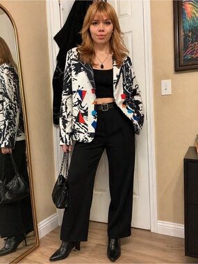 L'ATISTE Black & White Abstract Blazer with Colorful Geometric Accents
